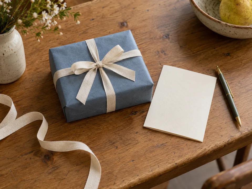 A blue wrapped birthday present with cotton ribbon beside a blank cream card and pen.