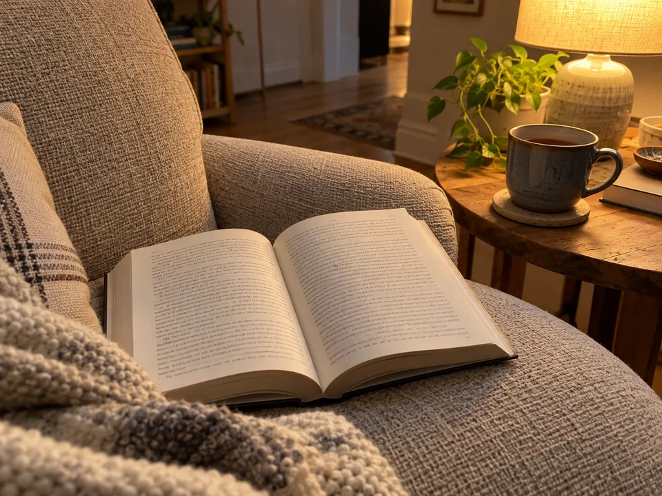 An open paperback on a linen armchair beside a blue mug of tea in warm evening light.