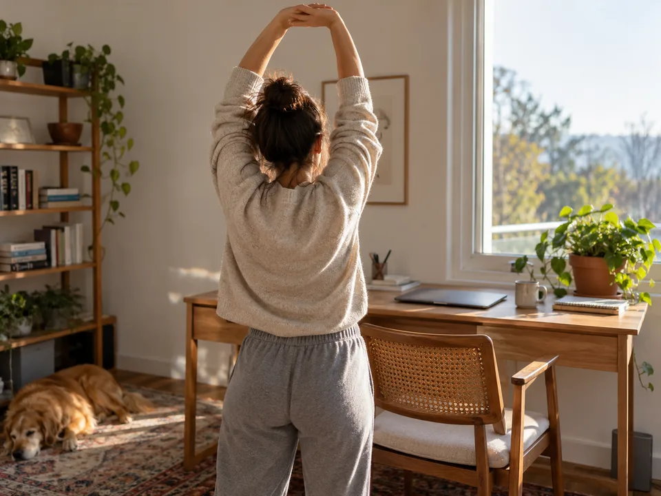 A person stretching their arms overhead beside a home-office desk in daylight.