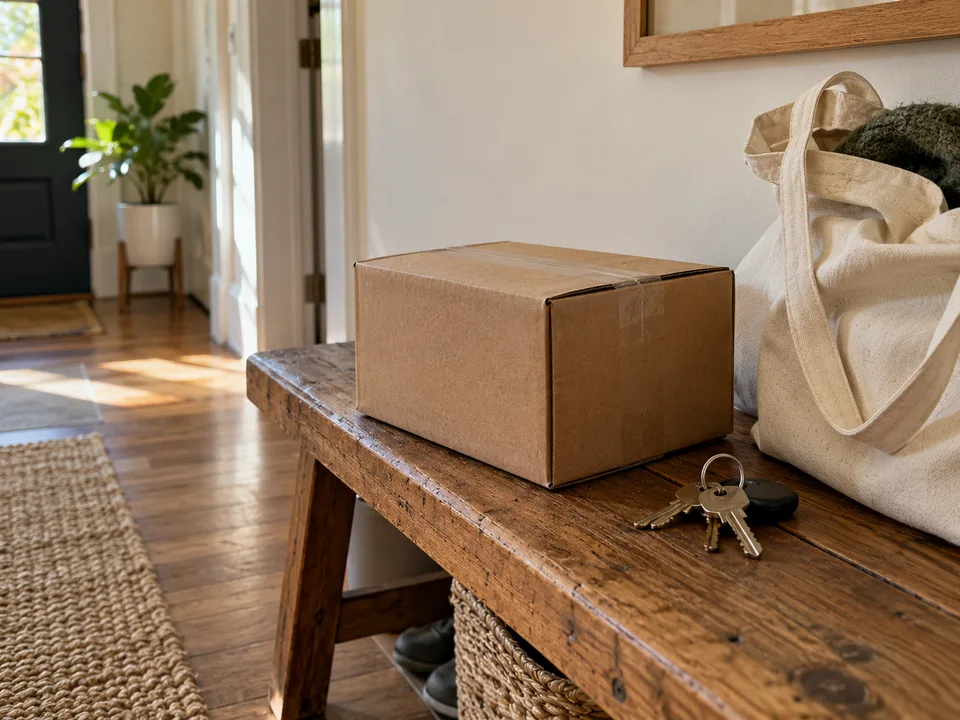 A plain cardboard parcel on a hallway bench beside house keys and a canvas tote.
